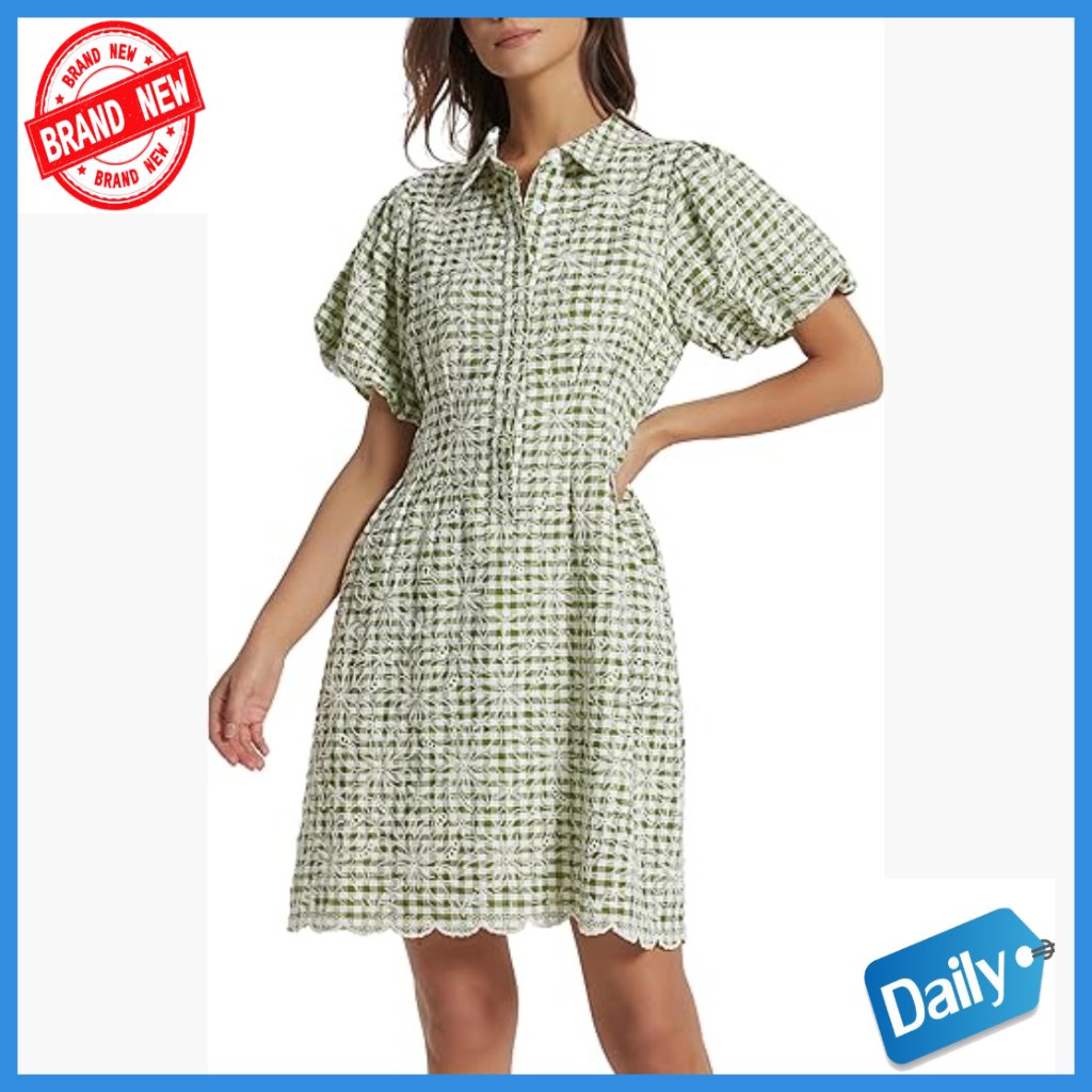 Short Sleeve Pleated Mini Dress Embroidered Gingham Button Down Casual